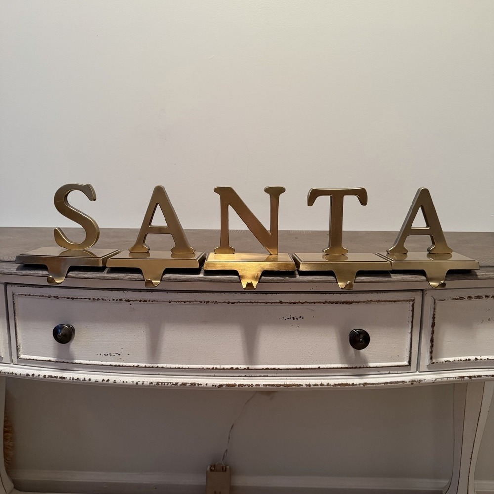 Vintage Gold Brass Letters SANTA Mantel Hook Stocking Holder Hanger 5 pc Set